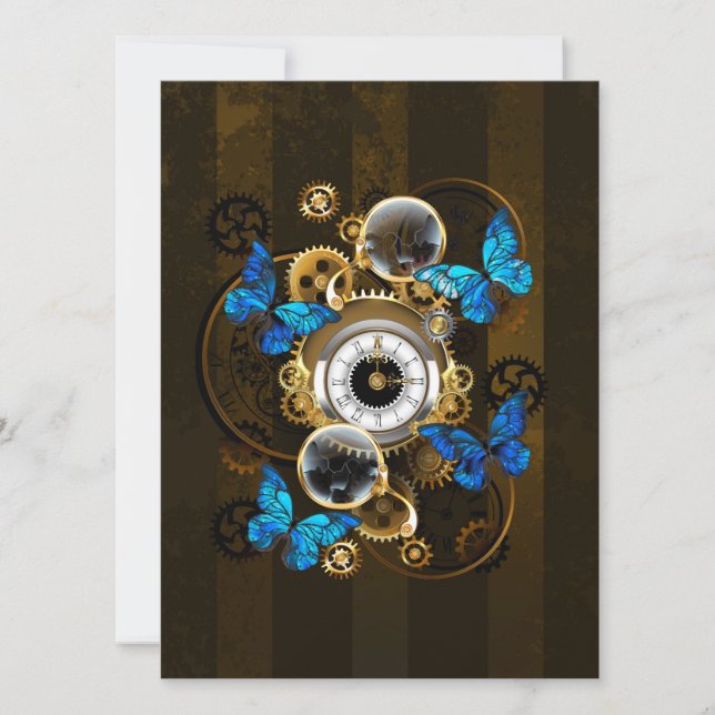 Steampunk Gears and Blue Butterflies Holiday Card (Front)