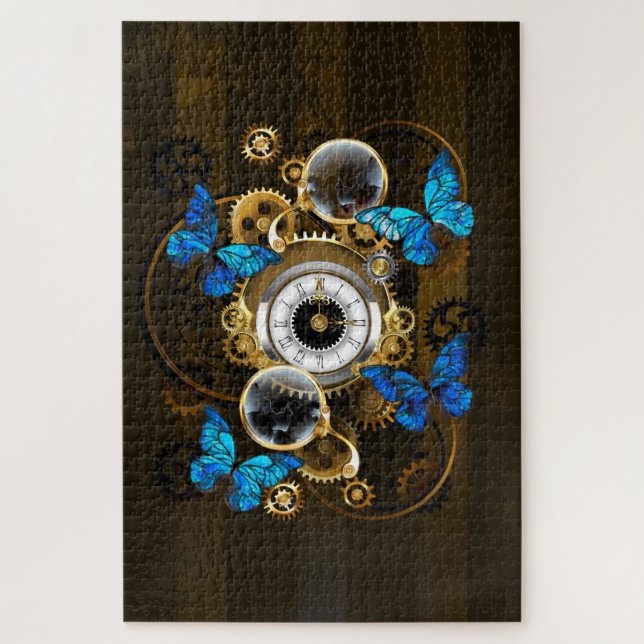 Steampunk Gears and Blue Butterflies Jigsaw Puzzle (Vertical)