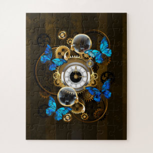 Steampunk Gears and Blue Butterflies Jigsaw Puzzle