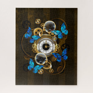 Steampunk Gears and Blue Butterflies Jigsaw Puzzle