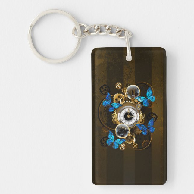 Steampunk Gears and Blue Butterflies Key Ring (Front)
