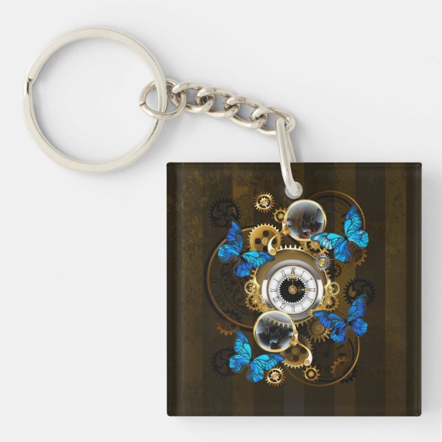 Steampunk Gears and Blue Butterflies Key Ring (Front)