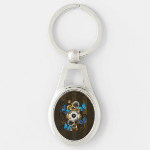 Steampunk Gears and Blue Butterflies Key Ring