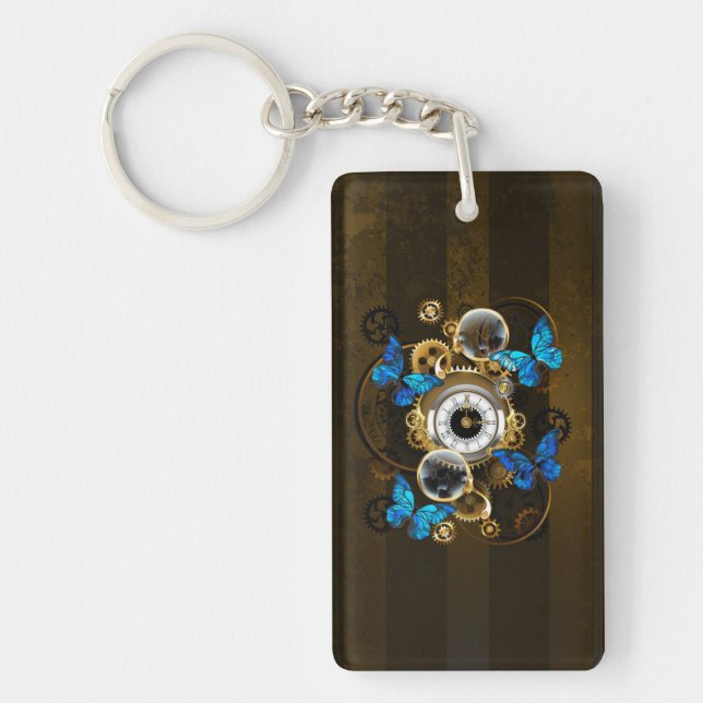 Steampunk Gears and Blue Butterflies Key Ring (Front)