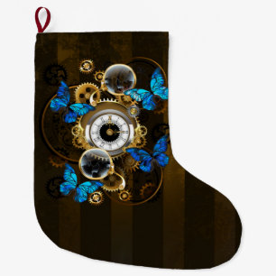 Steampunk Gears and Blue Butterflies Large Christmas Stocking