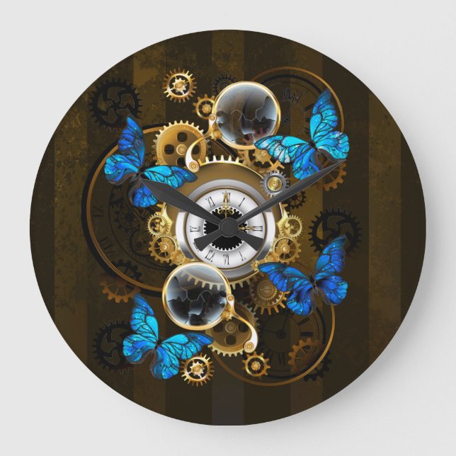 Steampunk Gears and Blue Butterflies Large Clock (Front)