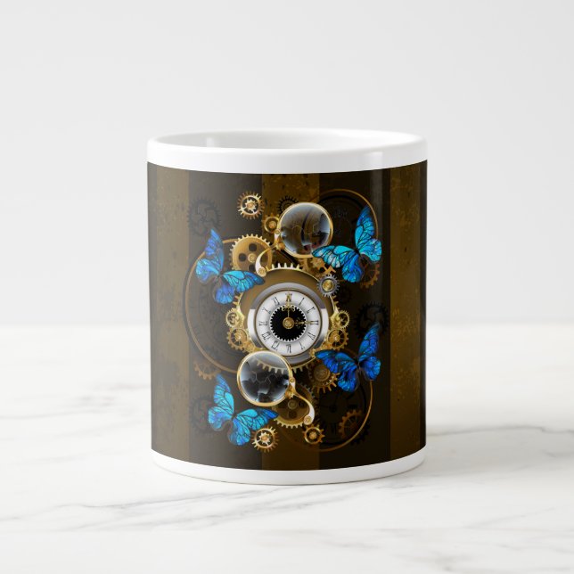 Steampunk Gears and Blue Butterflies Large Coffee Mug (Front)