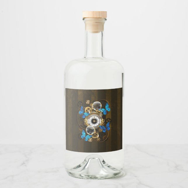 Steampunk Gears and Blue Butterflies Liquor Bottle Label (Front)
