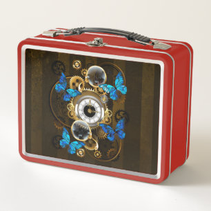Steampunk Gears and Blue Butterflies Metal Lunch Box