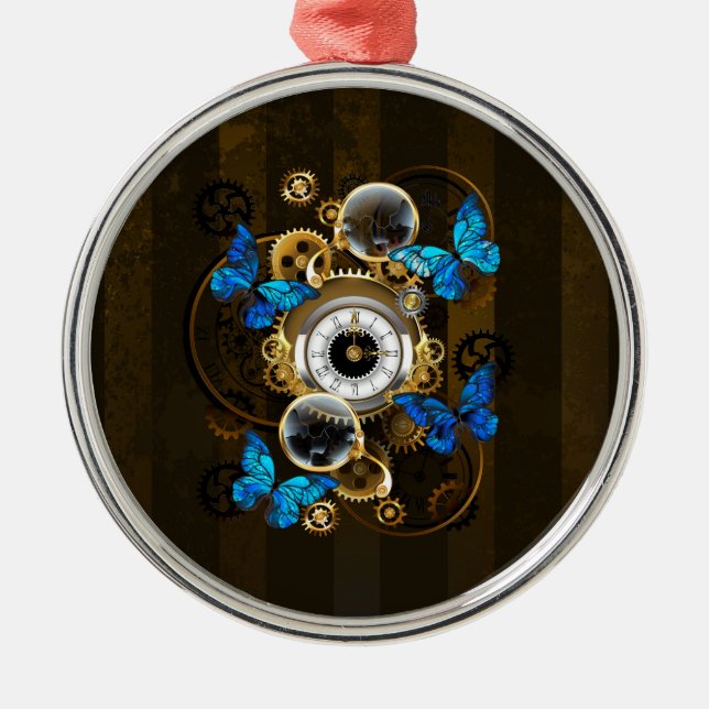 Steampunk Gears and Blue Butterflies Metal Ornament (Front)