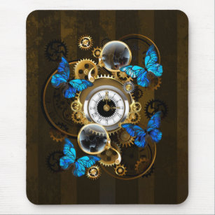 Steampunk Gears and Blue Butterflies Mouse Pad