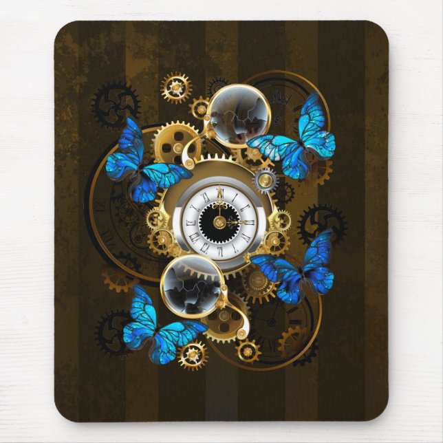 Steampunk Gears and Blue Butterflies Mouse Pad (Front)