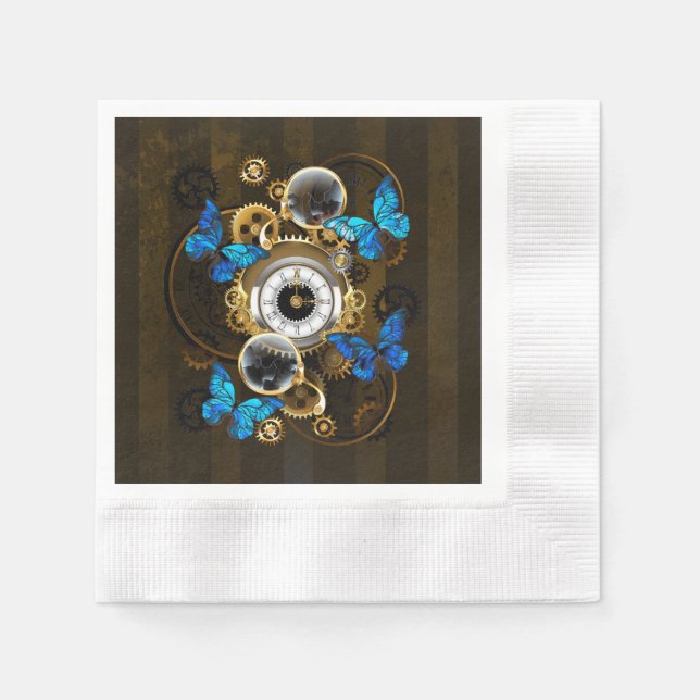 Steampunk Gears and Blue Butterflies Napkin (Front)