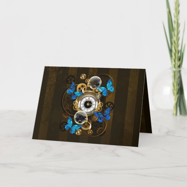 Steampunk Gears and Blue Butterflies Note Card (Front)