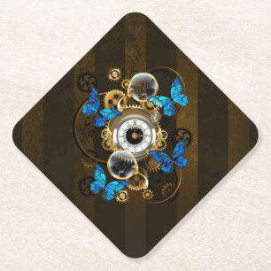 Steampunk Gears and Blue Butterflies Paper Coaster