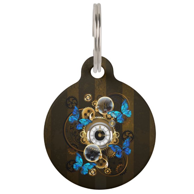 Steampunk Gears and Blue Butterflies Pet Tag (Front)