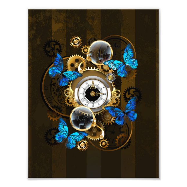 Steampunk Gears and Blue Butterflies Photo Print (Front)