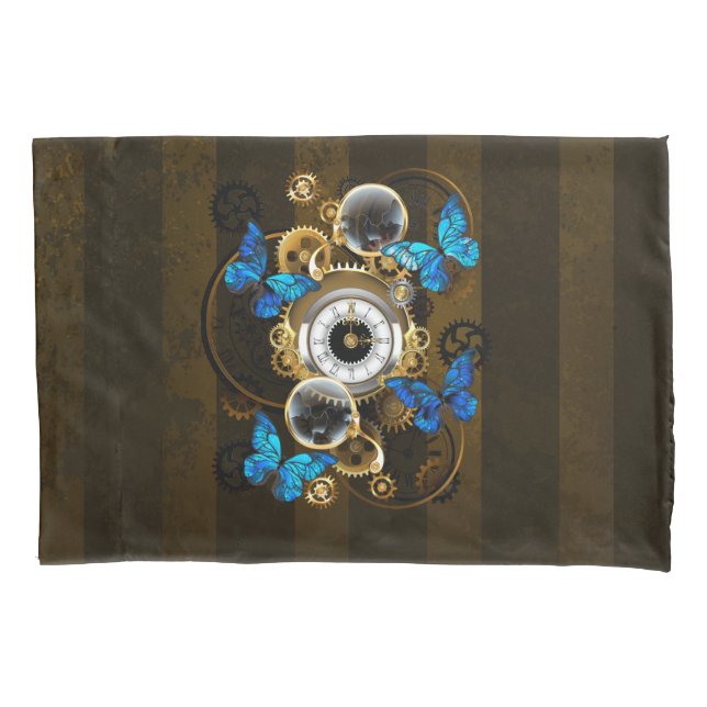 Steampunk Gears and Blue Butterflies Pillowcase (Front-Left)