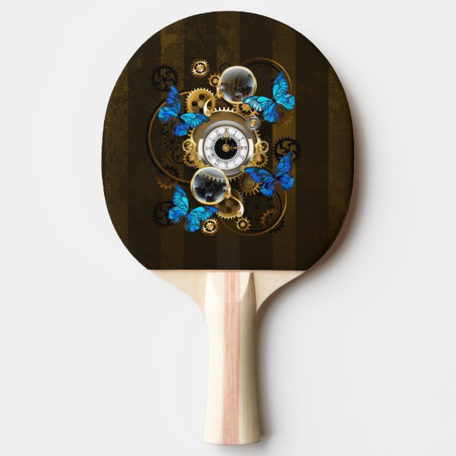 Steampunk Gears and Blue Butterflies Ping Pong Paddle (Front)