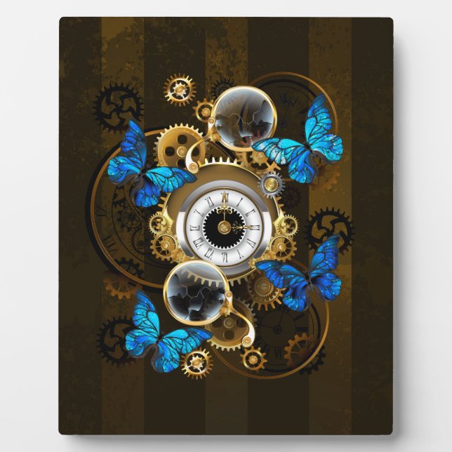 Steampunk Gears and Blue Butterflies Plaque (Front)