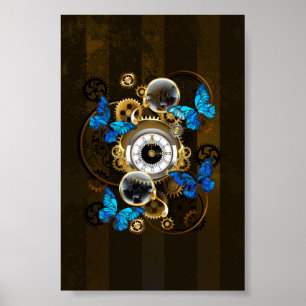 Steampunk Gears and Blue Butterflies Poster