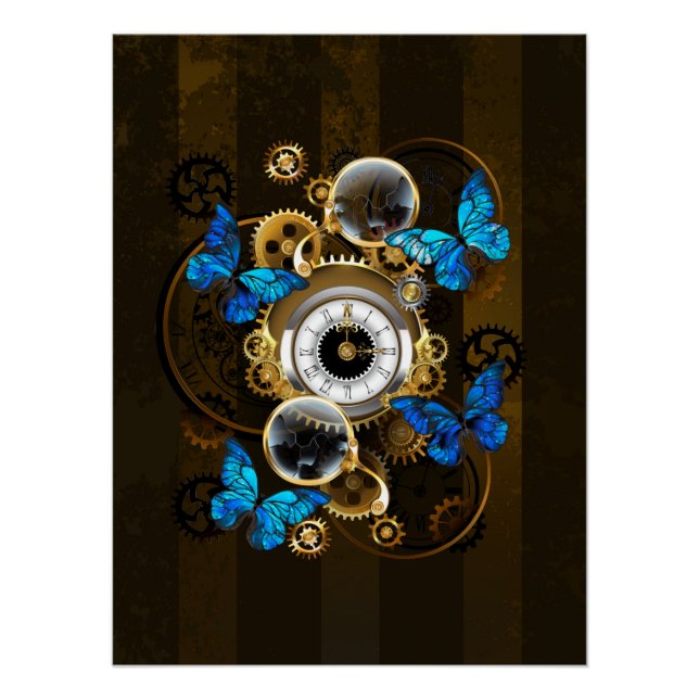 Steampunk Gears and Blue Butterflies Poster (Front)