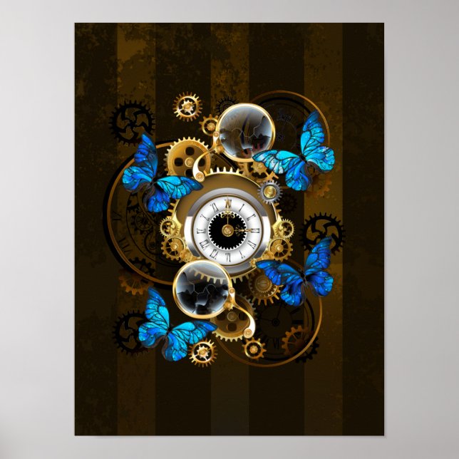 Steampunk Gears and Blue Butterflies Poster (Front)