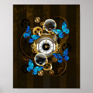 Steampunk Gears and Blue Butterflies Poster