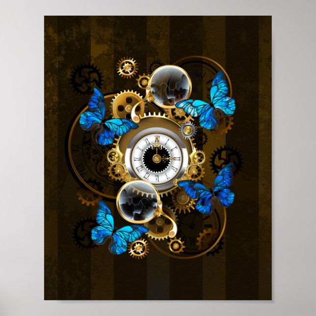 Steampunk Gears and Blue Butterflies Poster (Front)