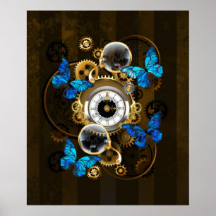 Steampunk Gears and Blue Butterflies Poster