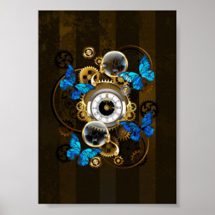 Steampunk Gears and Blue Butterflies Poster