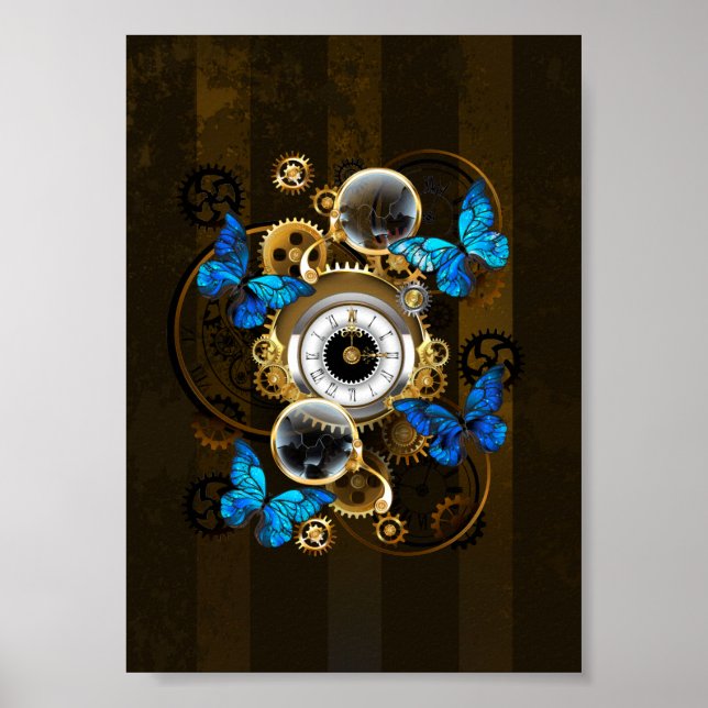 Steampunk Gears and Blue Butterflies Poster (Front)