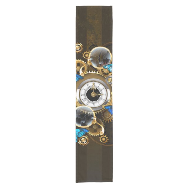 Steampunk Gears and Blue Butterflies Short Table Runner (Front)