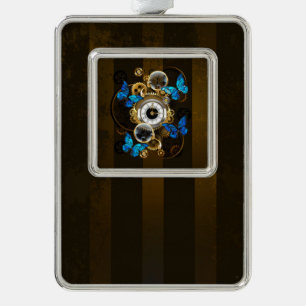 Steampunk Gears and Blue Butterflies Silver Plated Framed Ornament