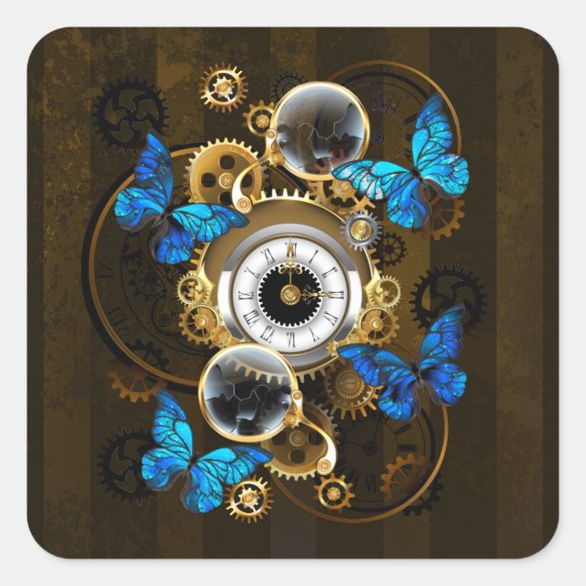 Steampunk Gears and Blue Butterflies Square Sticker (Front)