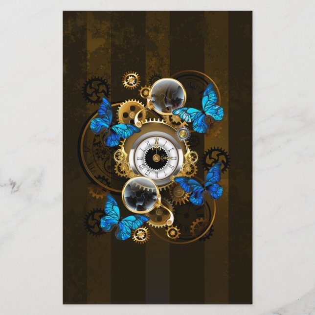 Steampunk Gears and Blue Butterflies Stationery (Front)