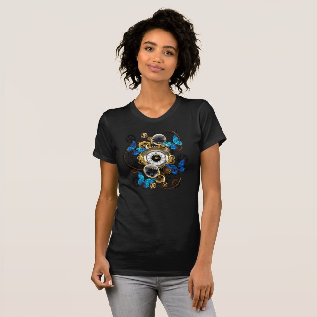 Steampunk Gears and Blue Butterflies T-Shirt (Front Full)