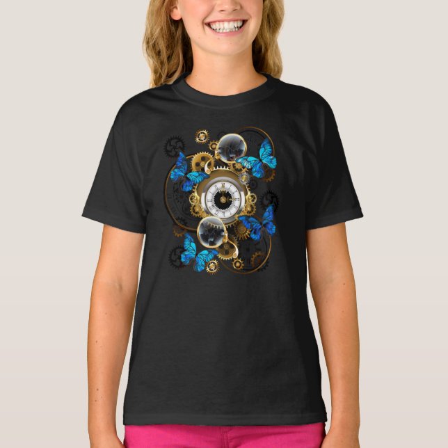 Steampunk Gears and Blue Butterflies T-Shirt (Front)