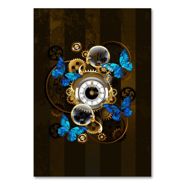 Steampunk Gears and Blue Butterflies Table Number (Front)