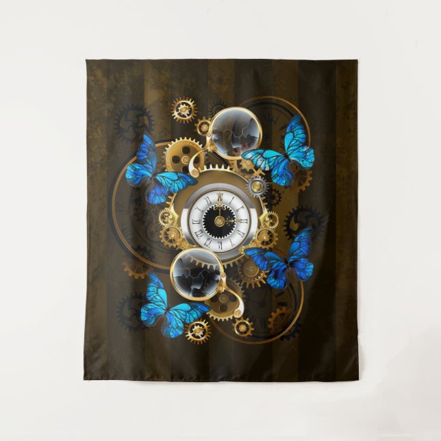 Steampunk Gears and Blue Butterflies Tapestry (Front)