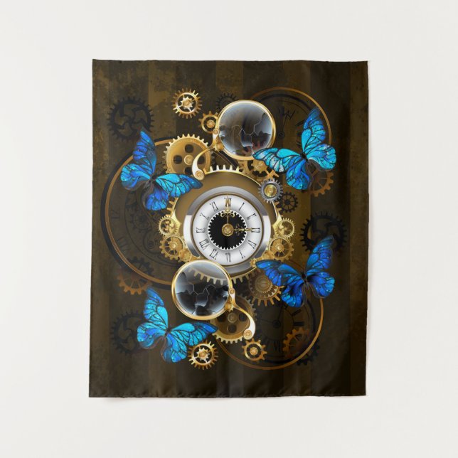 Steampunk Gears and Blue Butterflies Tapestry (Front)