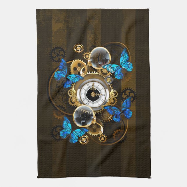 Steampunk Gears and Blue Butterflies Tea Towel (Vertical)