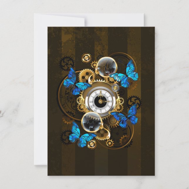 Steampunk Gears and Blue Butterflies Thank You Card (Front)