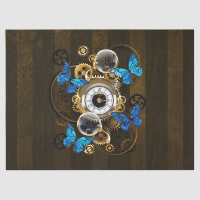 Steampunk Gears and Blue Butterflies Tissue Paper (Front)