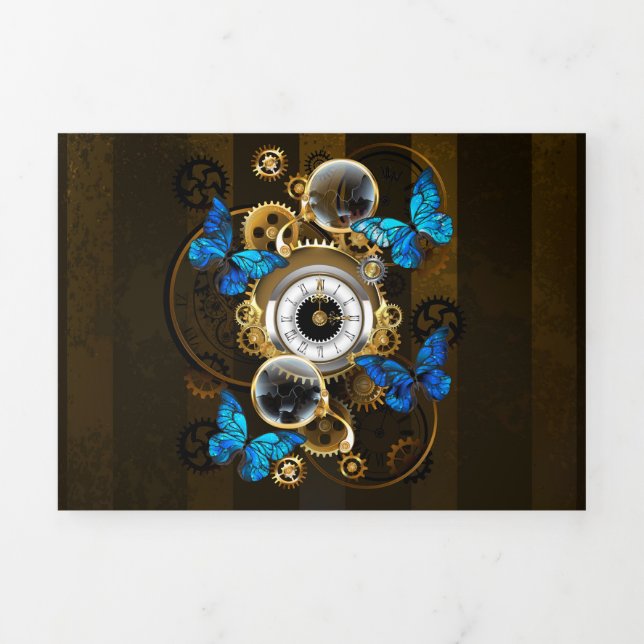Steampunk Gears and Blue Butterflies Tri-Fold Card (Cover)