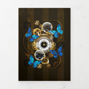 Steampunk Gears and Blue Butterflies Tri-Fold Card
