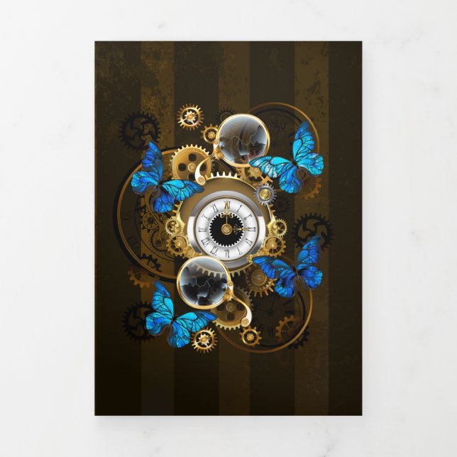 Steampunk Gears and Blue Butterflies Tri-Fold Card (Cover)