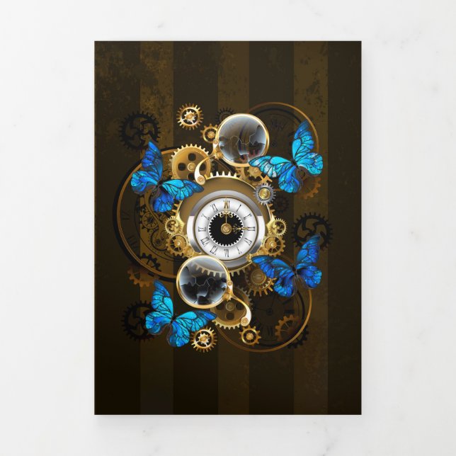 Steampunk Gears and Blue Butterflies Tri-Fold Holiday Card (Cover)