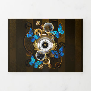 Steampunk Gears and Blue Butterflies Tri-Fold Holiday Card