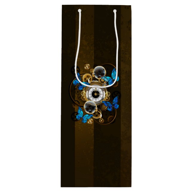 Steampunk Gears and Blue Butterflies Wine Gift Bag (Front)